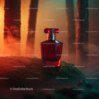Red Glass Perfume Bottle in Mystical Forest Scene