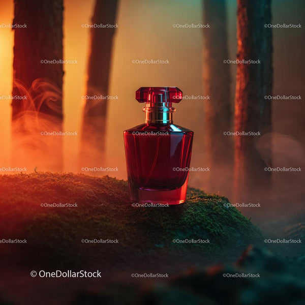Red Glass Perfume Bottle in Mystical Forest Scene JPG Mockup Image