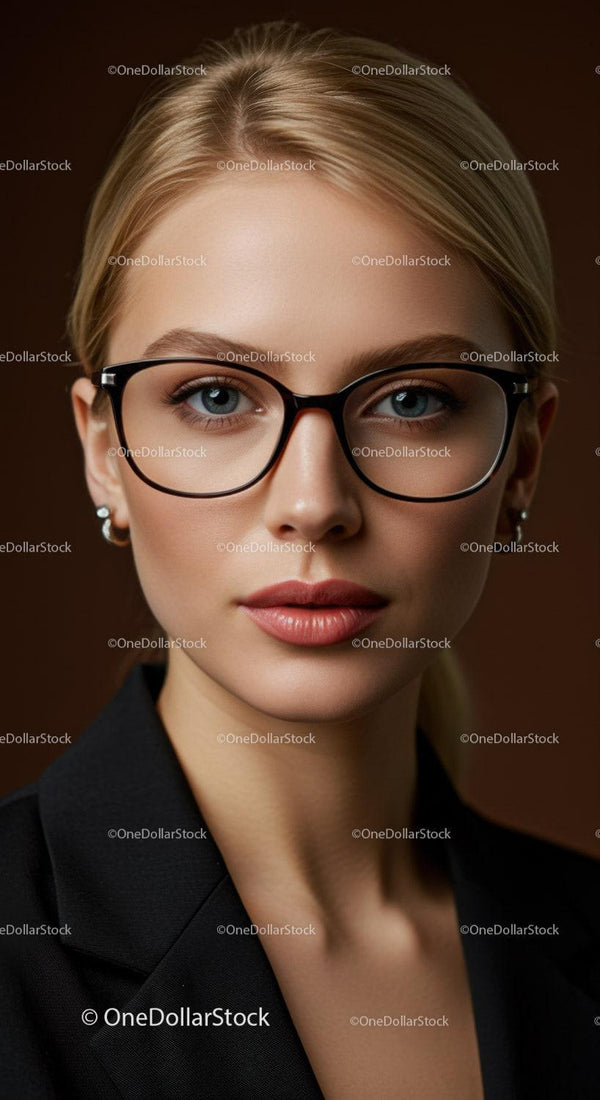 Elegancka kobieta z blond włosami i niebieskimi oczami w okularach - portret