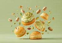 Puff Pastries with Pistachio Cream and Nuts Floating