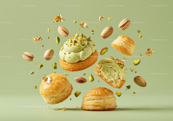 Puff Pastries with Pistachio Cream and Nuts Floating