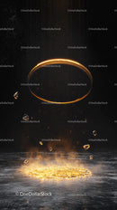Futuristic Golden Ring with Floating Crystals and Sparkling Particles