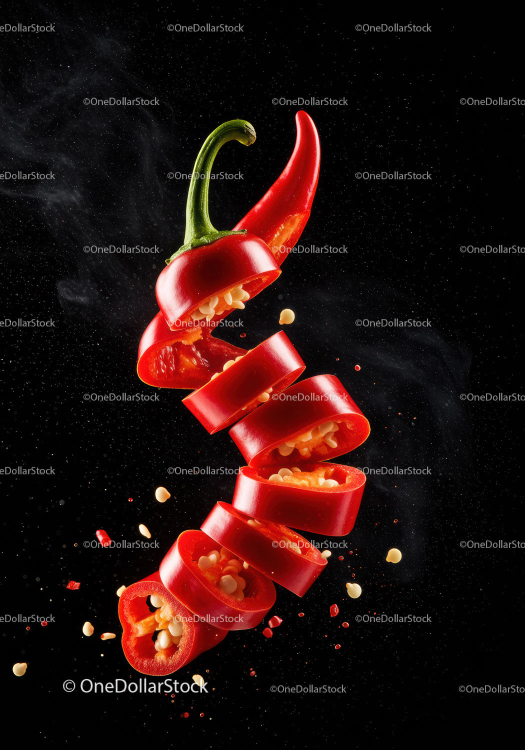Spicy Red Chili Pepper Sliced with Seeds Flying