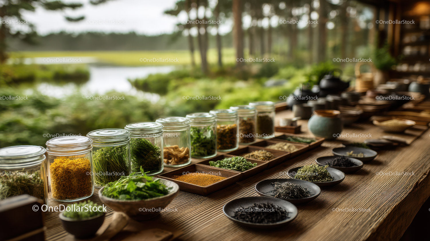 Herb Display with Fresh Herbs and Spices on Wooden Table Outdoors