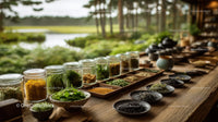 Herb Display with Fresh Herbs and Spices on Wooden Table Outdoors