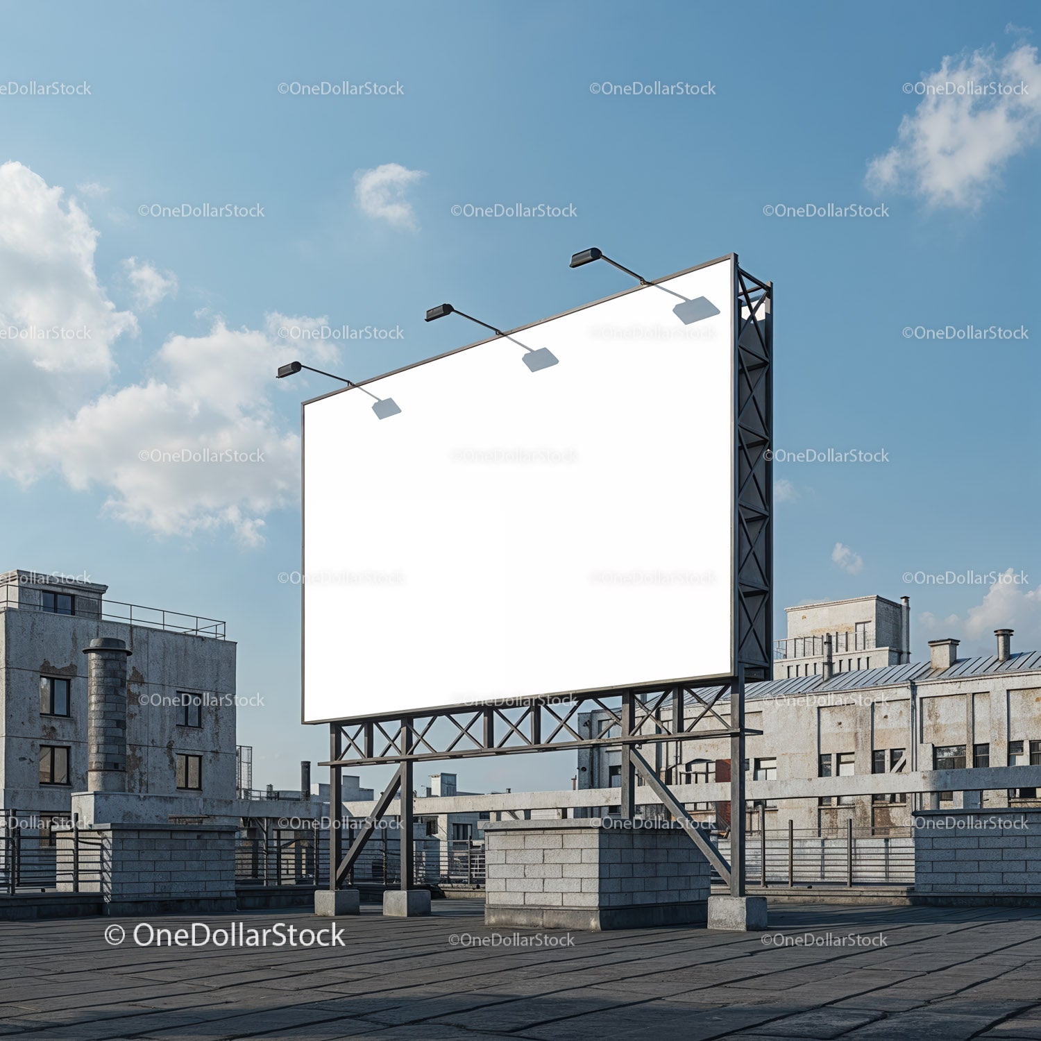 Large blank billboard standing on urban rooftop