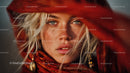 Glamorous Blonde Woman with Blue Eyes Wearing Red Scarf in Studio