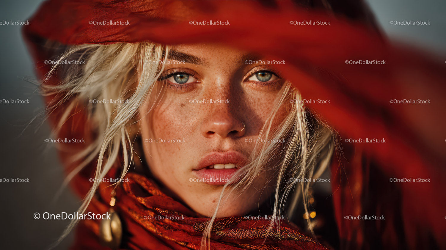 Glamorous Blonde Woman with Blue Eyes Wearing Red Scarf in Studio