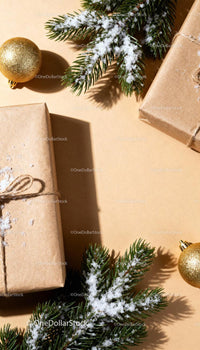 Simple Christmas Gift Wrapping with Snowy Pine Branches