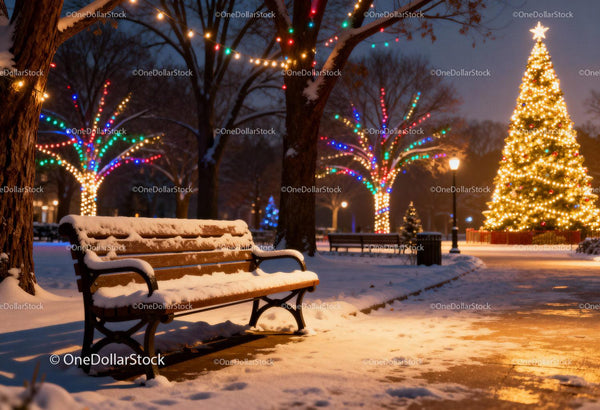 Snowy park bench near festive Christmas tree lights