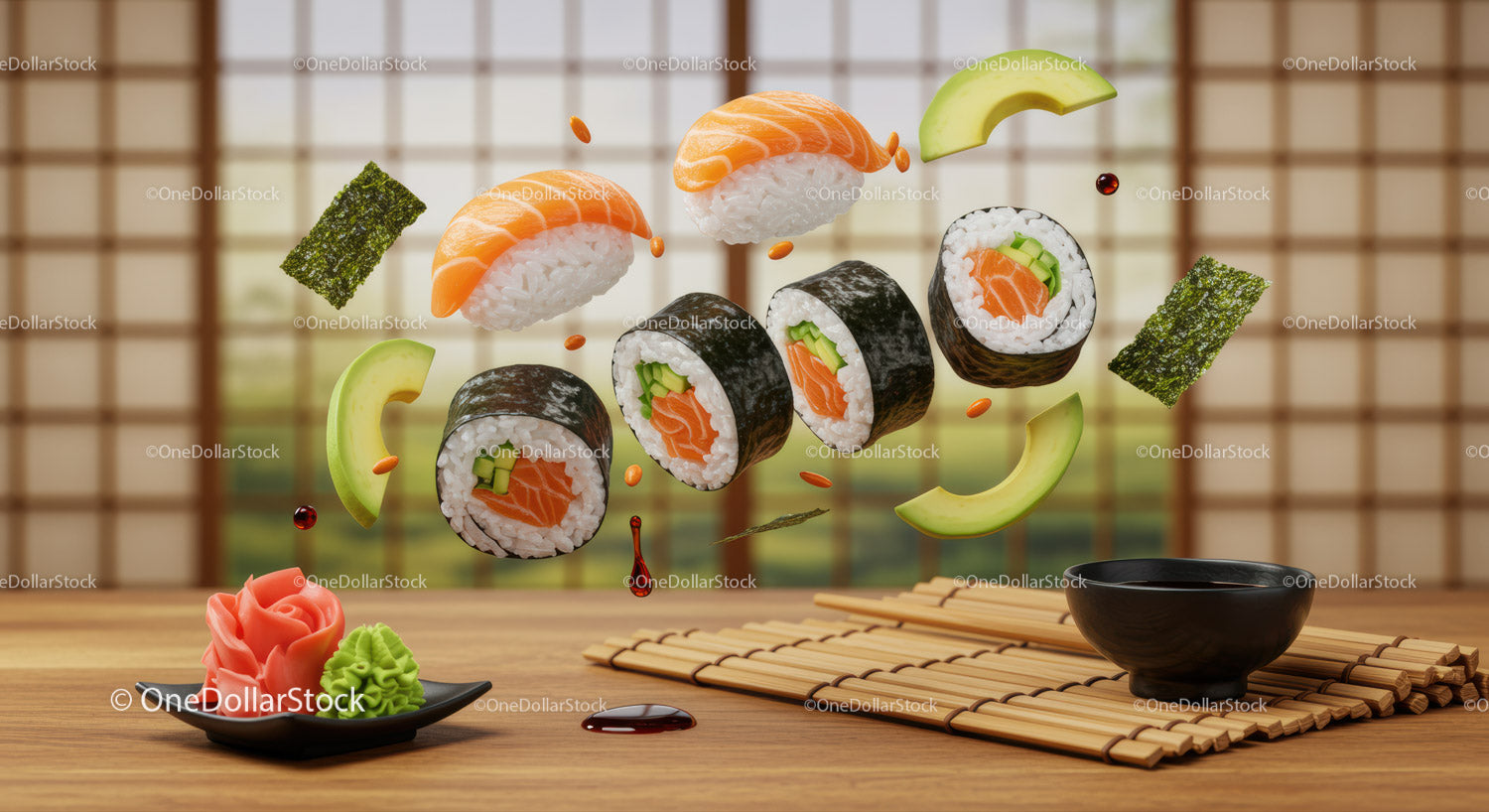 Różnorodne świeże rolki sushi z łososiem i awokado