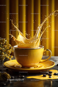 Yellow Coffee Cup with Splashing Coffee on a Dark Surface