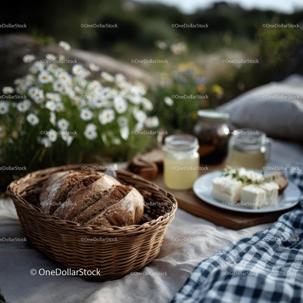 Rustic Bread Basket with Milk Jars and Daisy Flowers in Outdoor Setting Stock Photo Bundle (24 JPG Files)