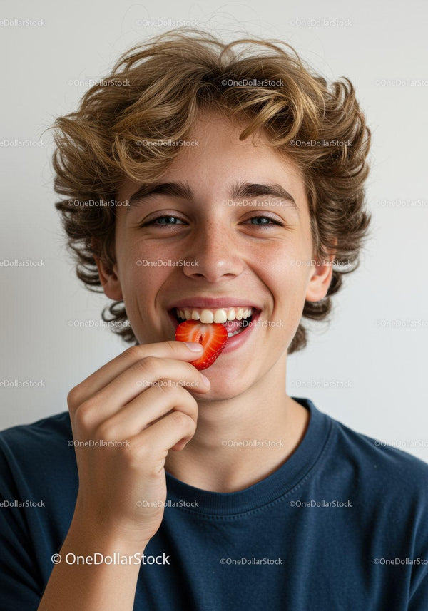 Smiling Teenager Eating Fresh Strawberry Producing Joyful Lifestyle Scene
