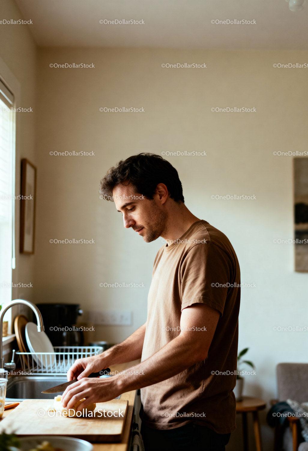 Man preparing food with focus in a cozy kitchen