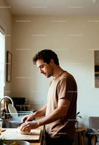 Man preparing food with focus in a cozy kitchen