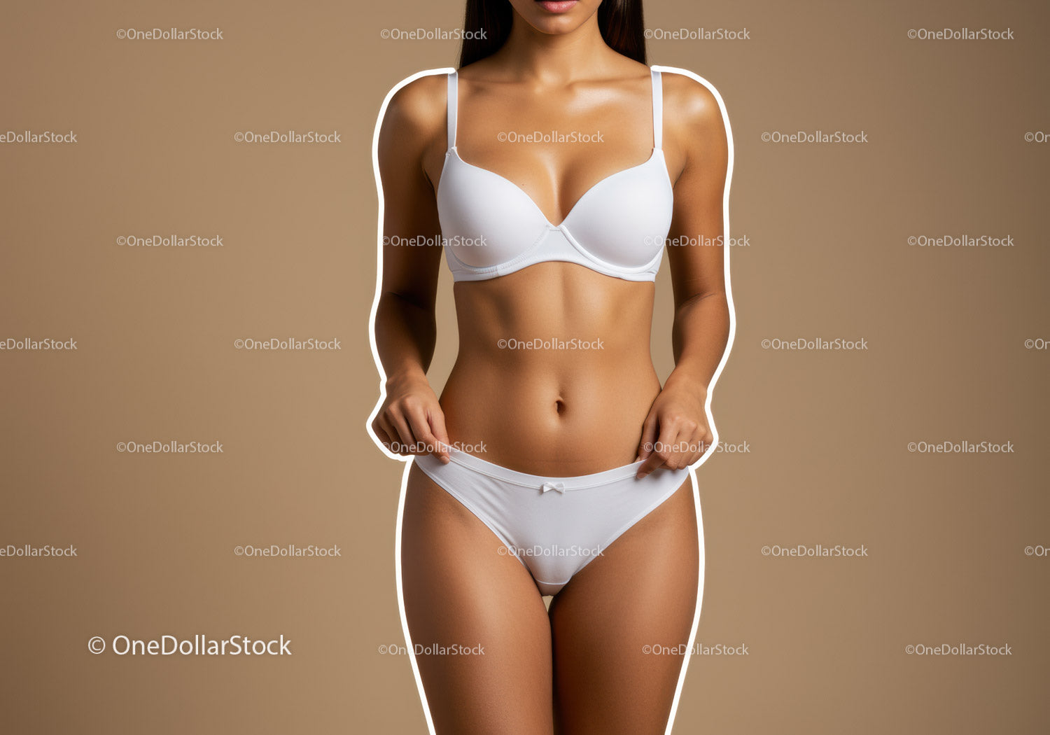 Elegant Woman in White Lingerie with Studio Background