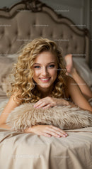 Smiling woman relaxing on bed with soft cushion