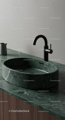 Green Marble Bathroom Sink with Black Faucet in Modern Interior