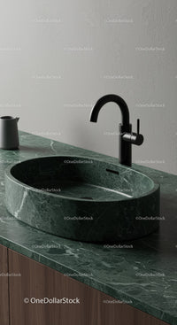 Green Marble Bathroom Sink with Black Faucet in Modern Interior
