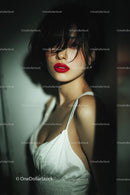 Elegant Woman with Red Lips in Stylish Evening Dress