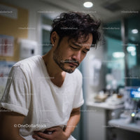 Contemplative Man in White T-Shirt in Modern Indoor Setting