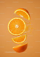 Fresh orange slices with juice splash on orange background