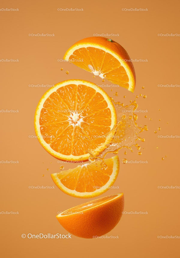 Fresh orange slices with juice splash on orange background