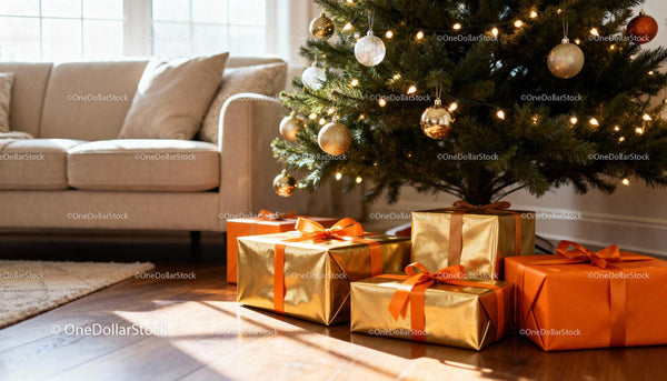Cozy living room with decorated Christmas tree and gifts