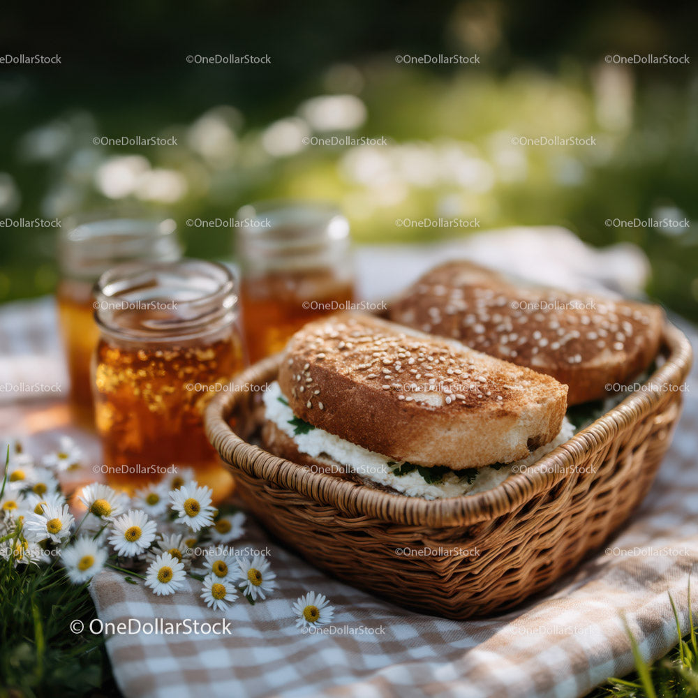 Fresh Sandwiches and Honey Jars in a Rustic Picnic Basket Outdoors