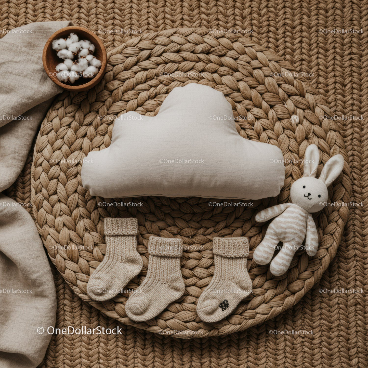 Neutral baby accessories with knitted socks and plush toy