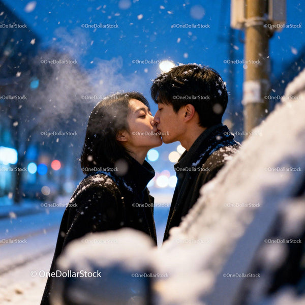 Couple sharing a tender kiss on snowy winter evening