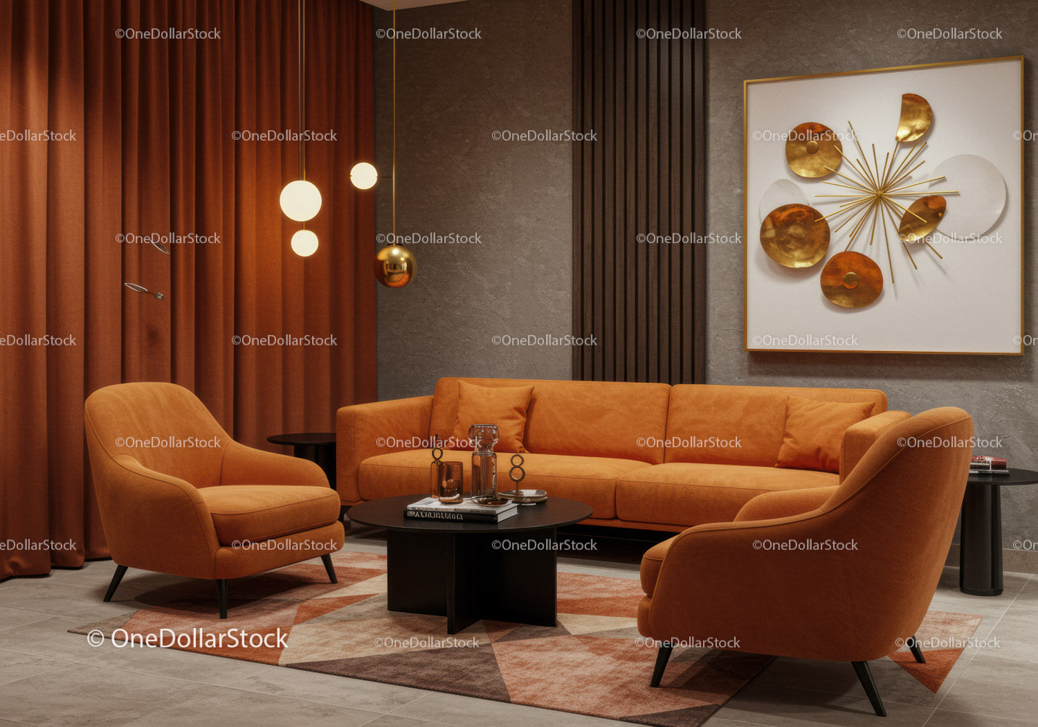 Modern Living Room with Warm Orange Seating and Art