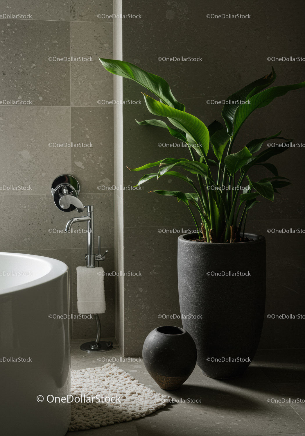 Indoor Large Green Plant in Stylish Concrete Pot in Modern Bathroom