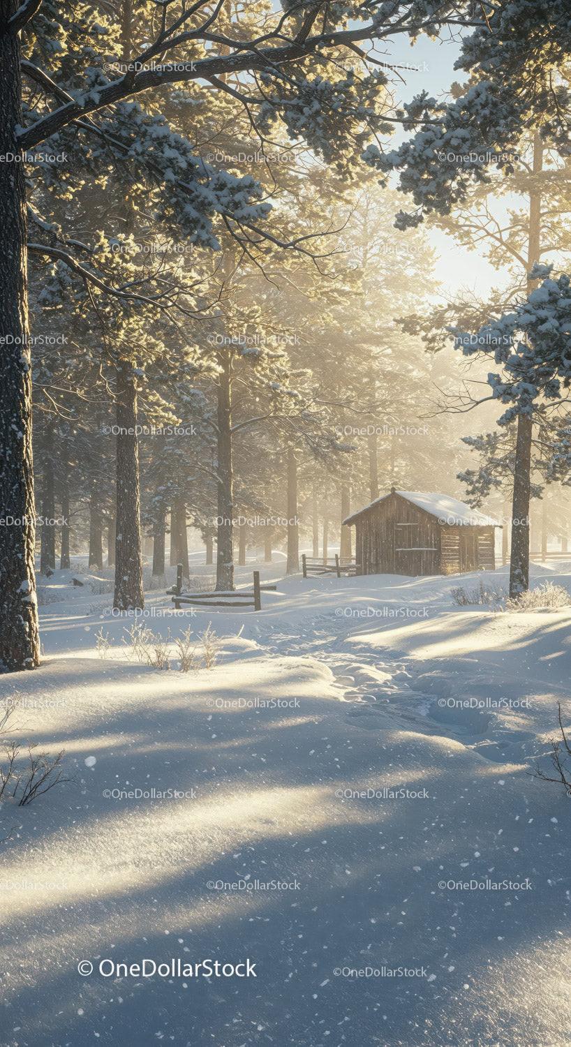 Sunlit Snowy Forest with Rustic Cabin in Winter