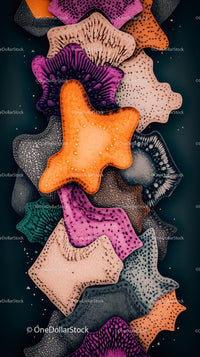 Colorful Starfish Collection on Dark Background with Water Droplets
