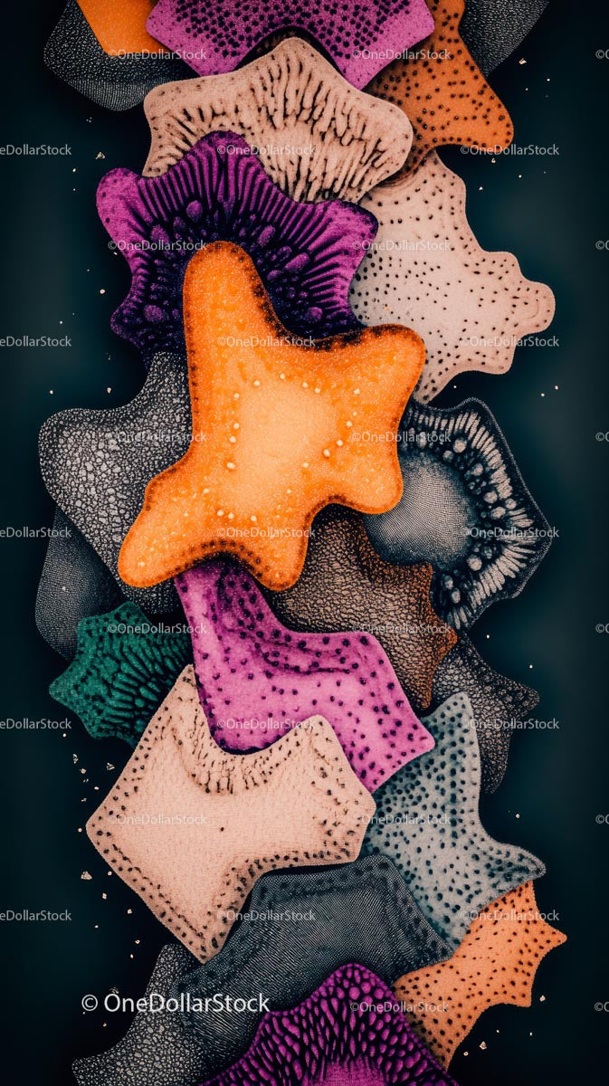 Colorful Starfish Collection on Dark Background with Water Droplets