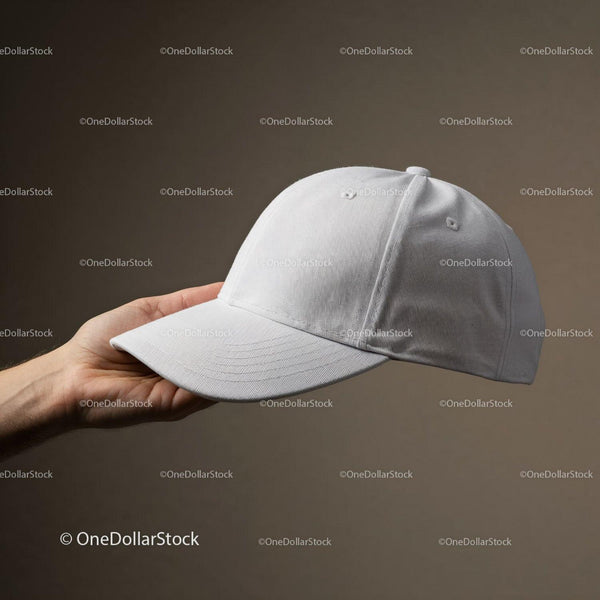 Hand holding a plain white baseball cap against neutral background JPG Mockup Image