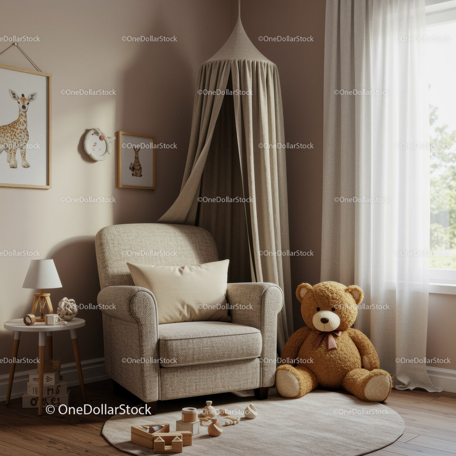 Cozy beige nursery corner with armchair and teddy bear