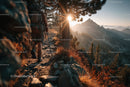 Mountain Trail with Hiker in Sunset and Scenic Forest Views