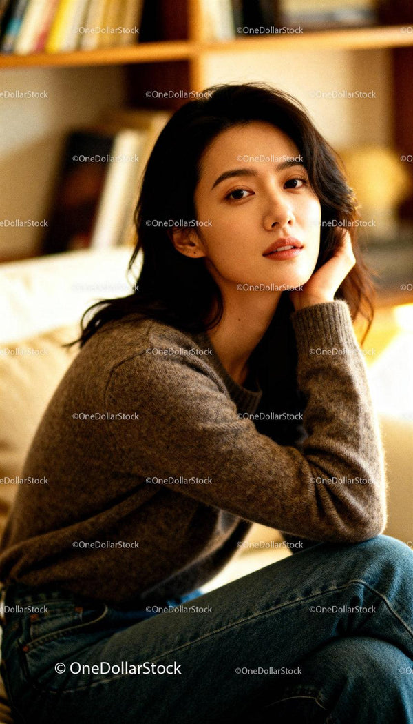 Thoughtful young woman in cozy casual outfit indoors