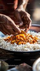 Hands Serving Spicy Minced Meat Stew Over White Rice