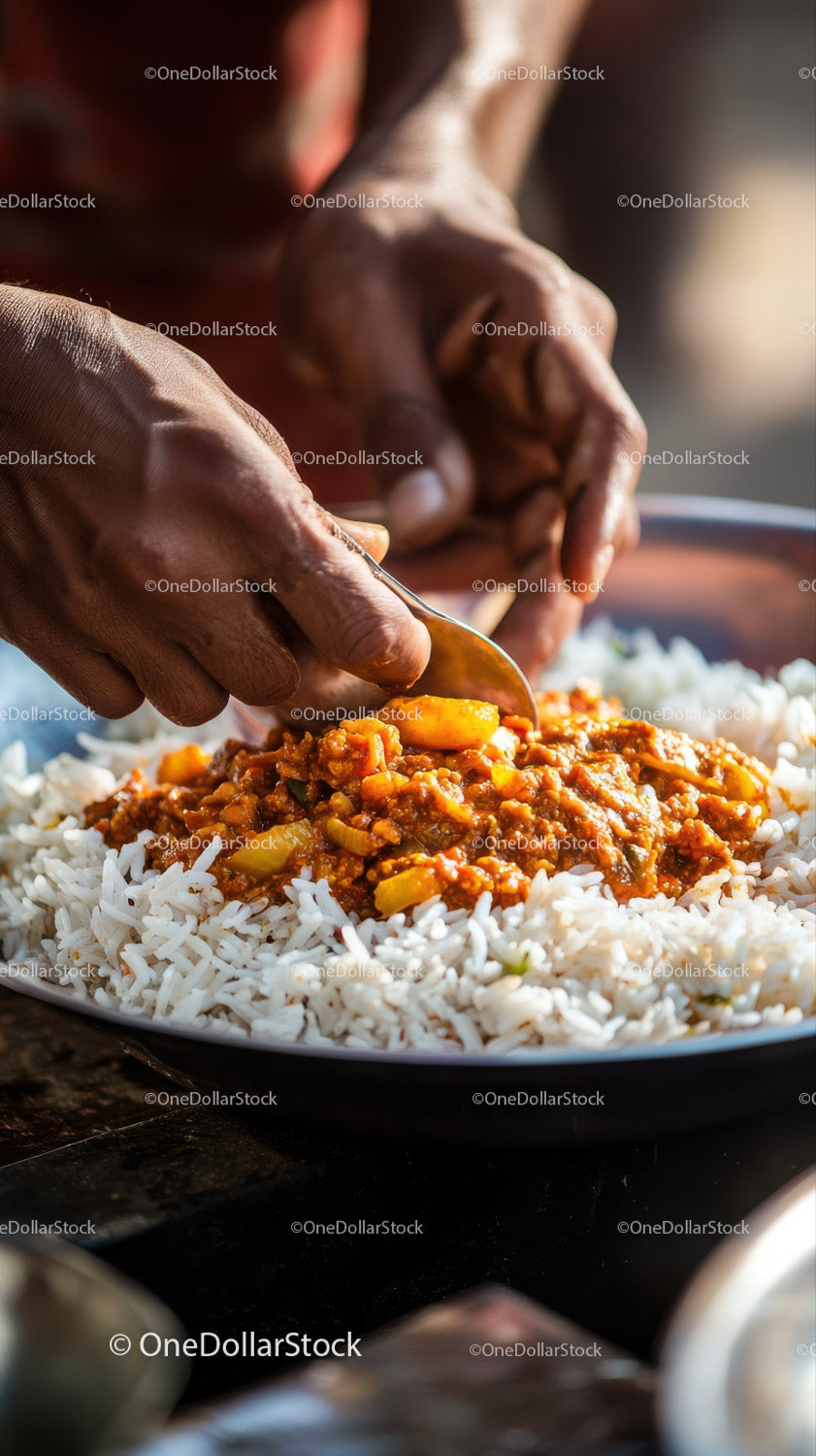 Hands Serving Spicy Minced Meat Stew Over White Rice