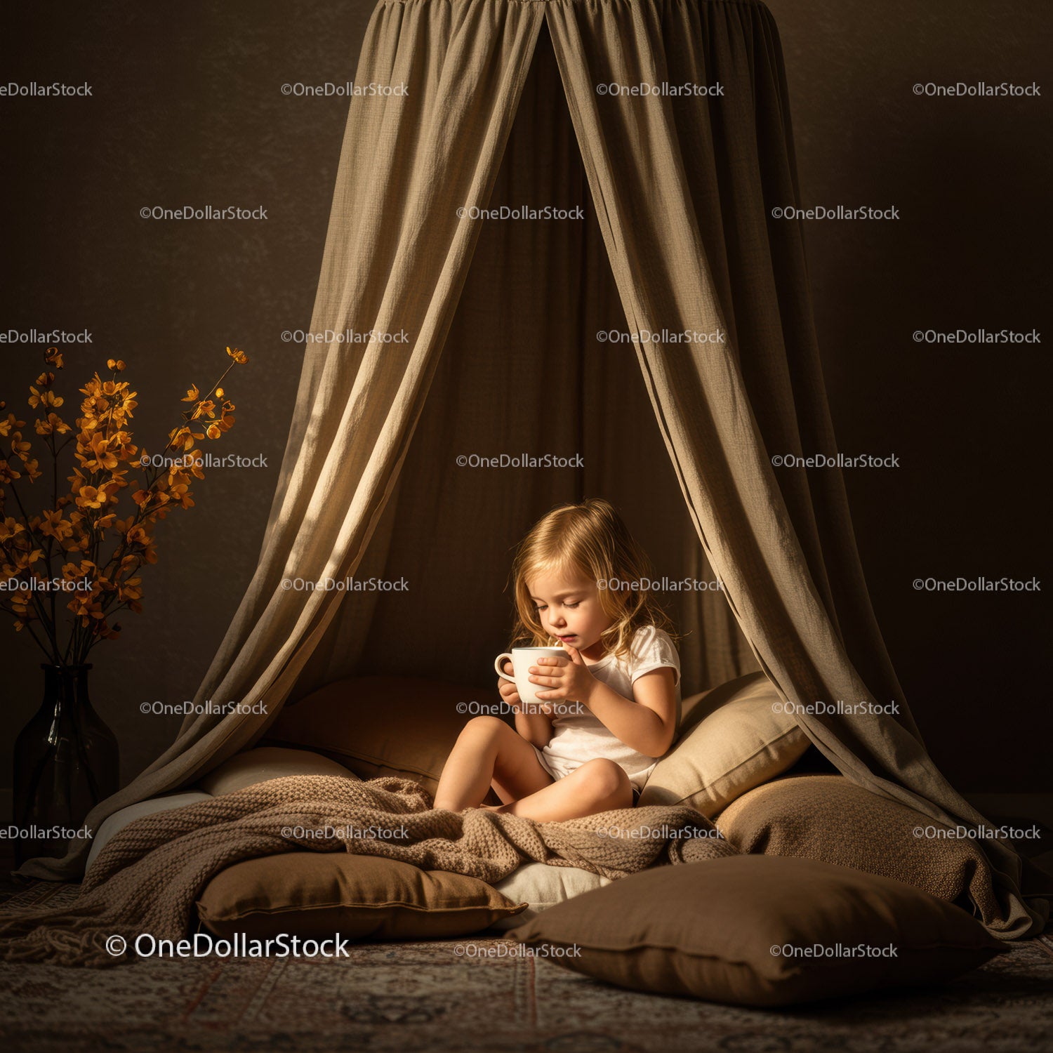 Young girl enjoying warm drink in cozy tent nook