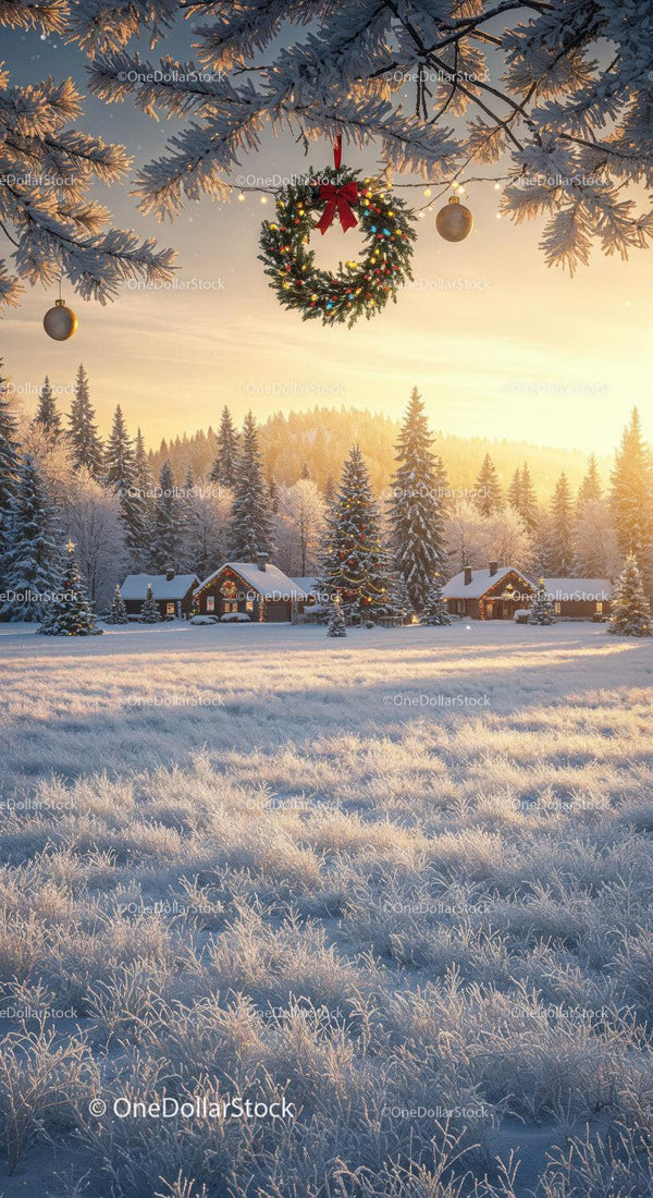 Winter holiday wreath and snowy cabins at sunrise