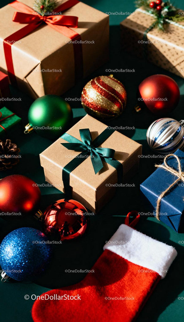 Festive Christmas gifts and decorations on dark surface