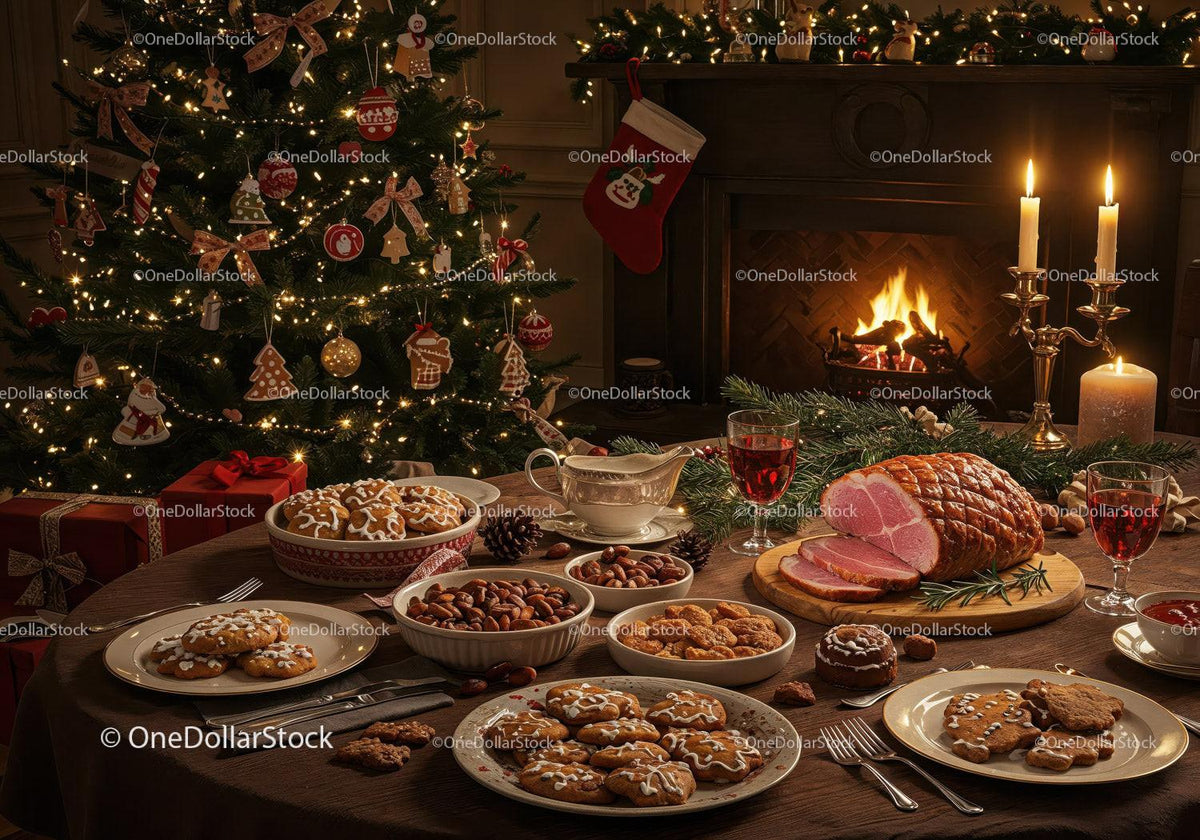 Festive Christmas Dinner Table with Ham and Cookies
