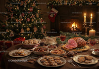 Festive Christmas Dinner Table with Ham and Cookies