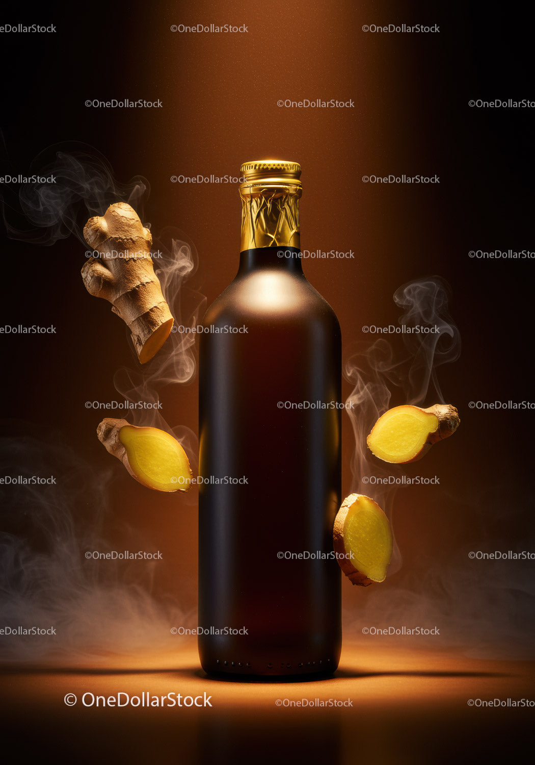 Dark Bottle with Floating Ginger Slices and Steam