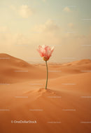Delicate Pink Flower Growing Alone in Desert Sand